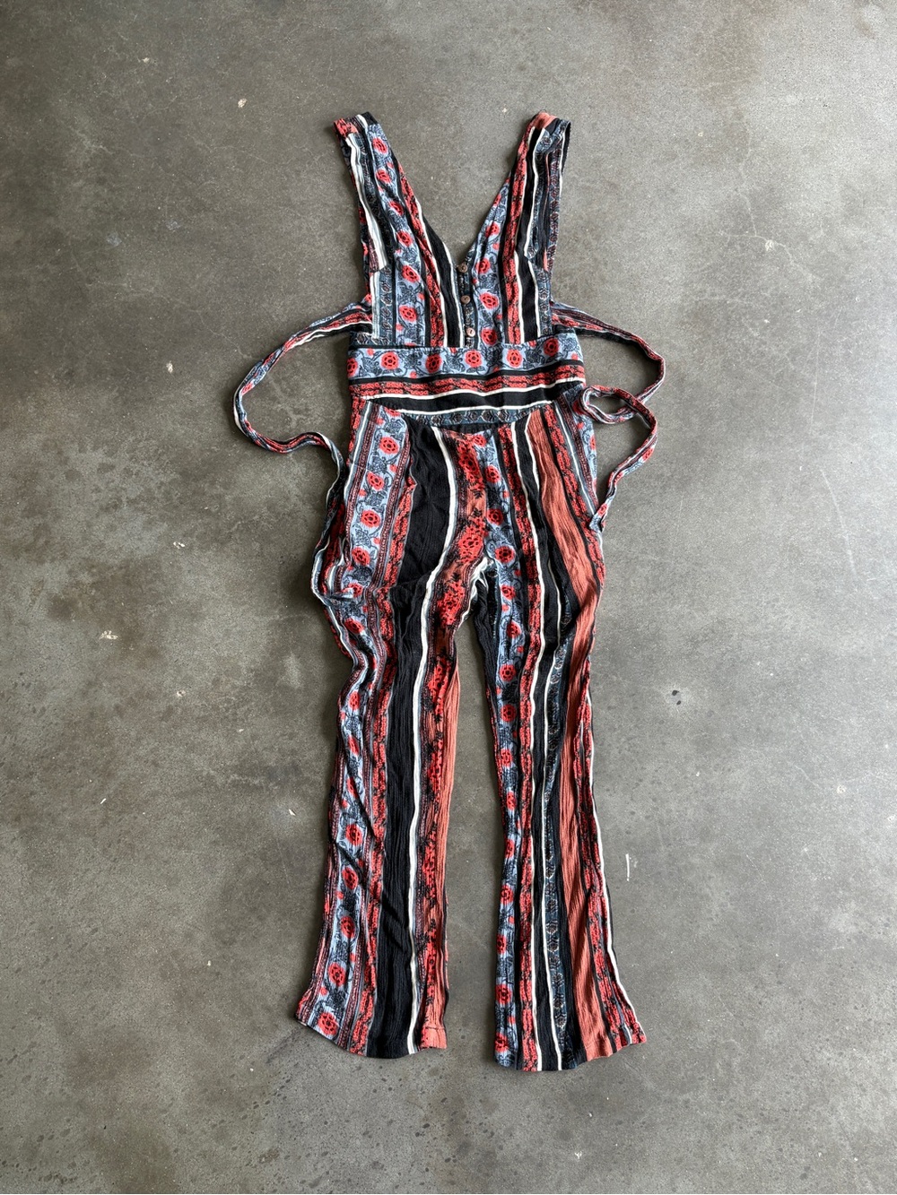 Free People Striped Floral Wide-Leg Jumpsuit in Rust, Black & Blue